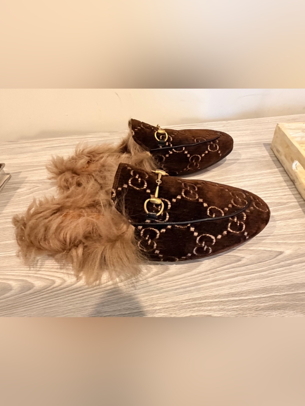 GUCCI VELVET PRINCETOWN GG SLIPPERS WITH LAMB FUR Sz 10 - EU 40 - Picture 2 of 4